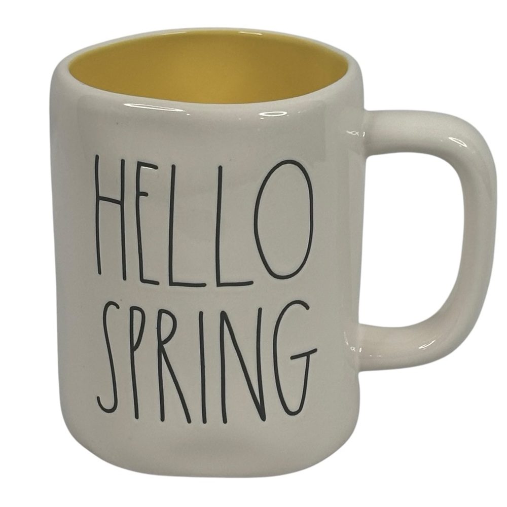 NEW Unused White Ceramic Rae Dunn Hello Spring Mug with Yellow interior